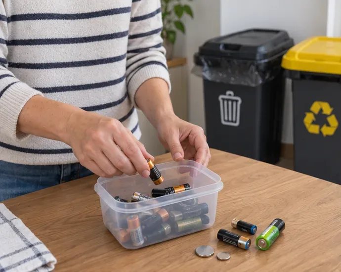Une personne regroupe des piles AA, AAA et des piles bouton usagées dans une boîte avant de les apporter à un point de collecte.