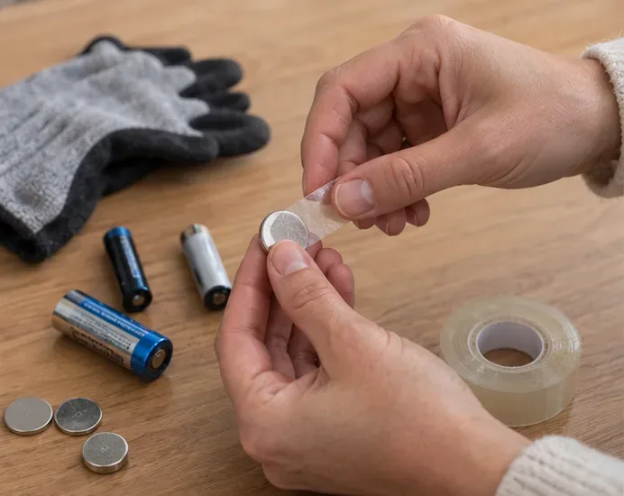 Des mains appliquent du ruban adhésif sur une pile bouton, avec d'autres piles posées sur une table.