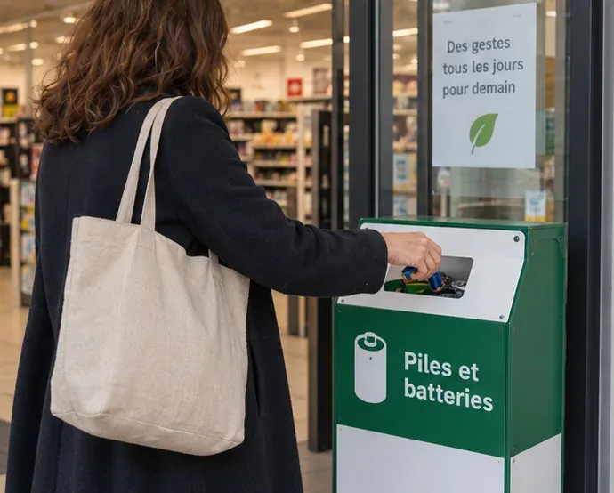 Une personne dépose des piles usagées dans un bac vert marqué Piles et batteries à l'entrée d'un magasin.