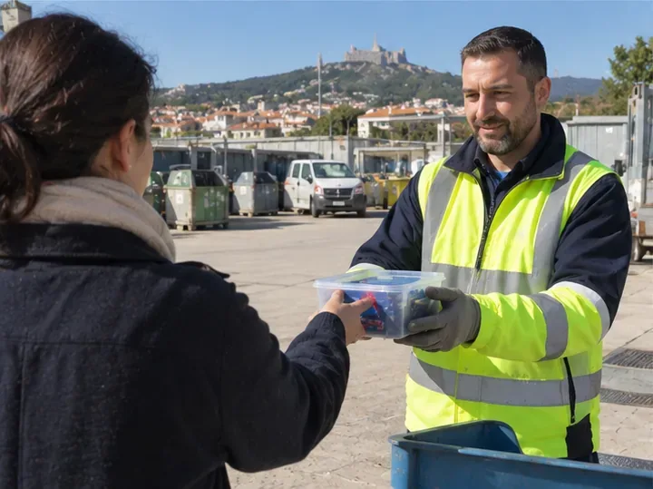 Une personne remet un petit contenant de piles usagées à un agent en gilet haute visibilité dans une déchèterie.