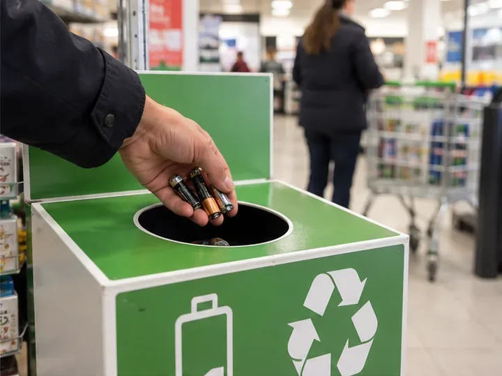 Une main dépose plusieurs piles cylindriques dans un bac de collecte dédié installé à l’intérieur d’un magasin.