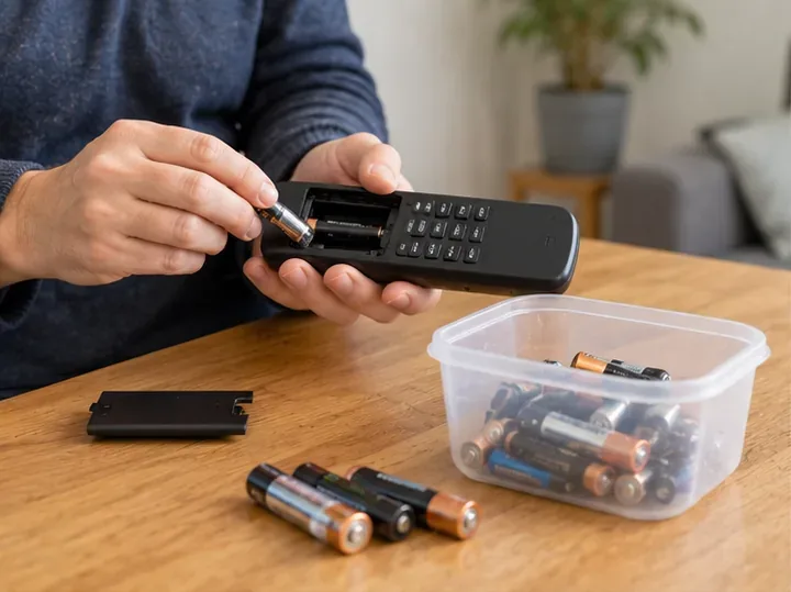 Une personne retire une pile usagée d’une télécommande et regroupe plusieurs piles dans une petite boîte avant leur dépôt en collecte.