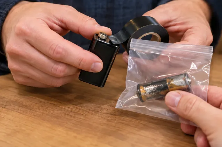 Mains plaçant du ruban isolant sur les deux bornes d’une pile 9 V, avec une pile abîmée isolée dans un sachet transparent