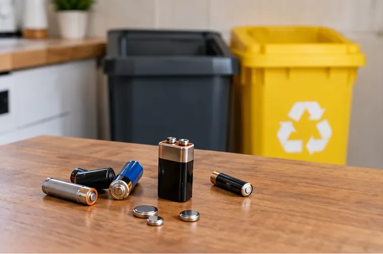 Piles AA, AAA, bouton et 9 V posées sur une table, séparées de deux bacs de déchets en arrière-plan