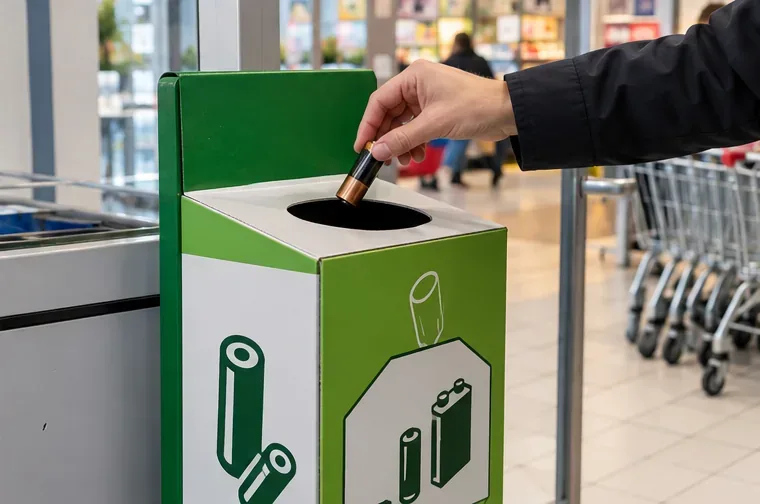 Main déposant une petite pile dans une borne verte et blanche de collecte dédiée dans un magasin
