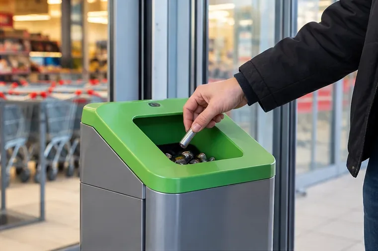 Une personne introduit une pile usagée dans une borne de collecte située à l’entrée d’un magasin.