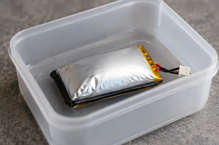 Une batterie lithium gonflée est isolée seule dans un contenant non métallique, sans être percée.