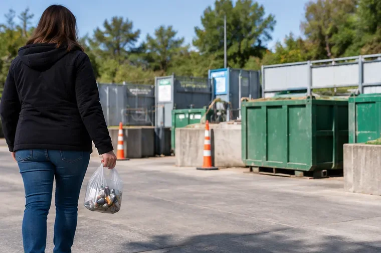 Une personne apporte un petit lot de piles vers une zone de déchèterie avec plusieurs bennes de tri.