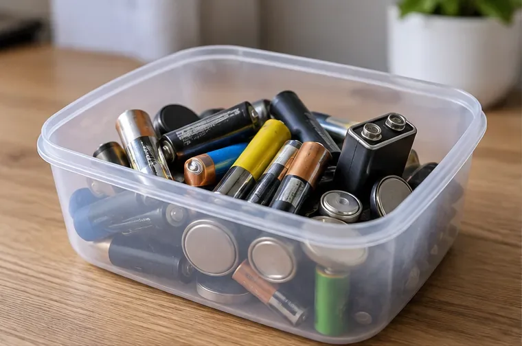 Boîte transparente contenant des piles usagées de formats AA, AAA, 9 V et bouton, regroupées avant leur dépôt en collecte