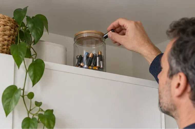 Un adulte place une pile dans un bocal transparent rangé en hauteur, sur une étagère.