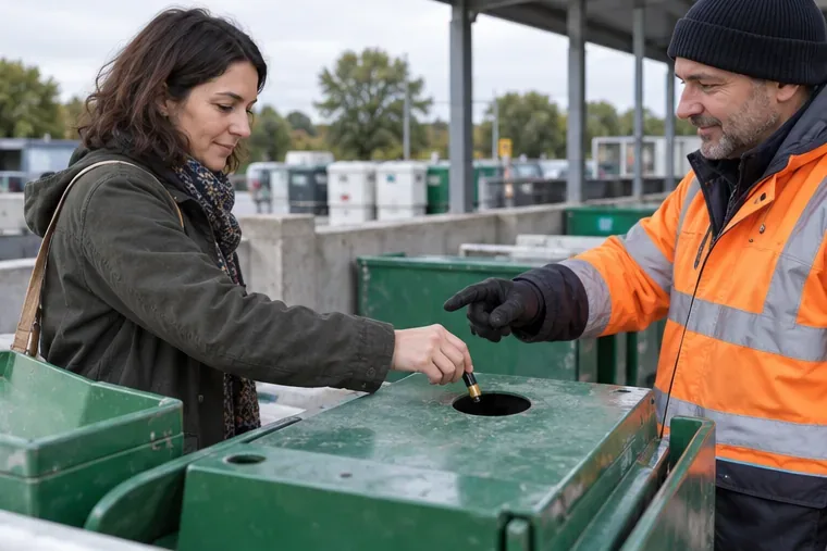 Une personne présente une pile à un agent en gilet fluorescent, près d’un conteneur de déchèterie.