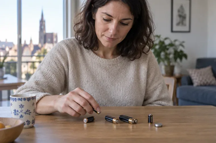 Une femme examine plusieurs piles AA, AAA et une pile bouton posées sur une table.