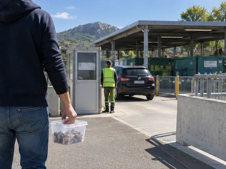 Un particulier transporte un petit bac de piles vers l’entrée d’un centre de recyclage surveillé.