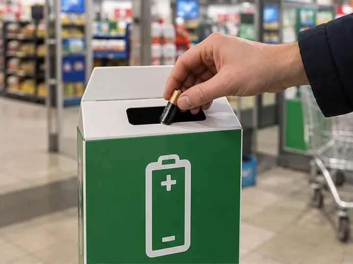 Une main dépose une petite pile dans un bac de collecte dédié à l’intérieur d’un commerce.
