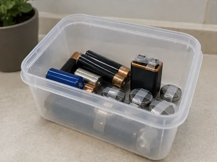 Des piles usagées sont rangées dans une boîte en plastique, avec les bornes de piles bouton et d’une pile 9 V isolées par du ruban adhésif.
