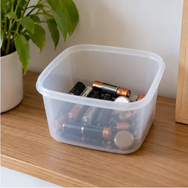 Un petit bac transparent contenant des piles cylindriques et des piles bouton, posé sur une étagère à domicile.