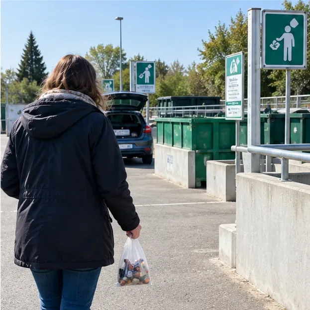 Une personne arrive à pied dans une déchèterie avec un petit sac transparent contenant des piles usagées.