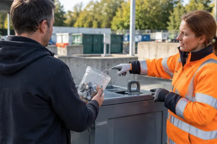 Un usager tient un récipient rempli de piles tandis qu’une agente en tenue orange lui indique le bac de dépôt dans une déchèterie.