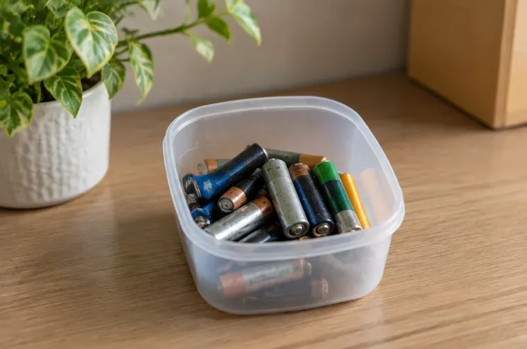 Des piles usagées de formats AA et AAA sont regroupées dans une petite boîte transparente posée sur une table.