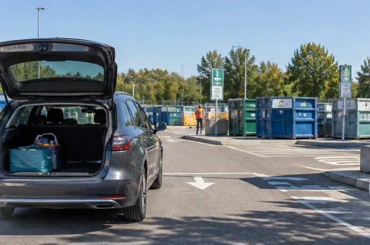 Une voiture avec le coffre ouvert est stationnée dans une déchèterie équipée de plusieurs grandes bennes de tri.