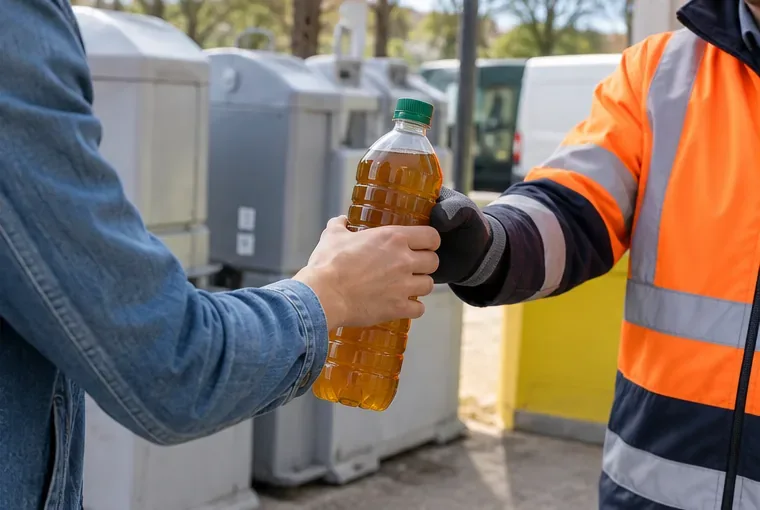 Habitant remettant une bouteille fermée contenant de l’huile de cuisson usagée à un agent de collecte en gilet haute visibilité