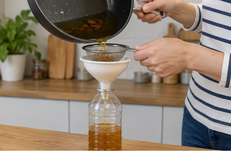 Huile de cuisson usagée versée à travers une passoire et un entonnoir dans une bouteille en plastique
