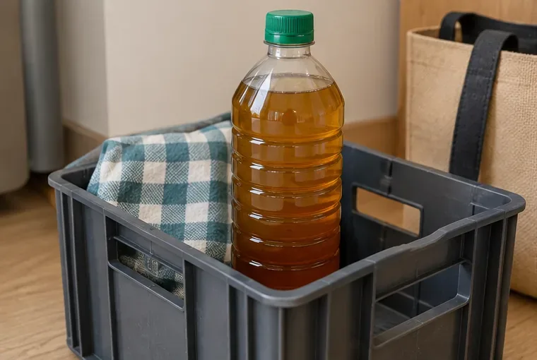 Bouteille solidement fermée remplie d’huile de cuisson usagée et maintenue debout dans un bac de transport