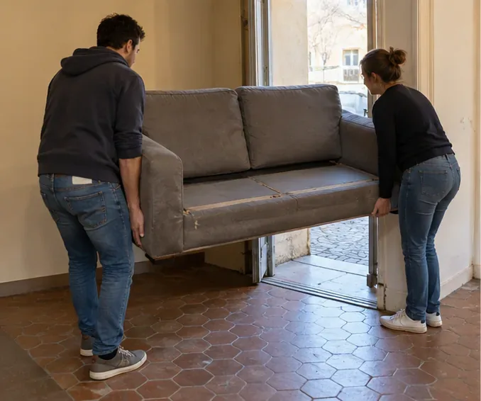 Deux personnes portent prudemment un canapé gris à travers une porte, en le tenant par sa structure.