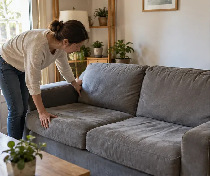 Une habitante examine l’état d’un canapé gris dans un salon avant de décider s’il peut être donné ou doit être jeté.