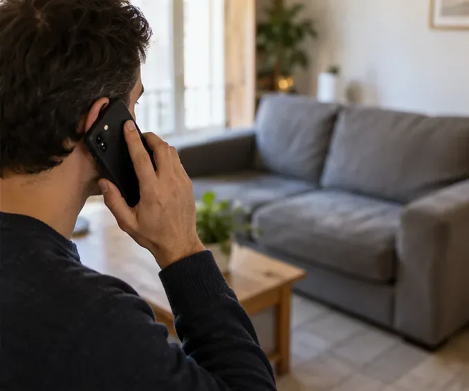 Un homme téléphone depuis son salon, avec un canapé gris visible à l’arrière-plan, pour organiser une solution d’enlèvement.