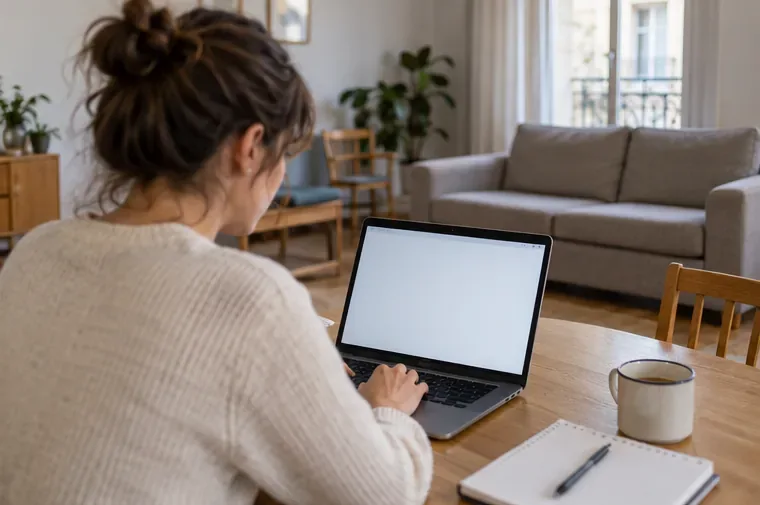 Une habitante consulte un ordinateur portable à une table, avec le canapé visible dans la pièce derrière elle.