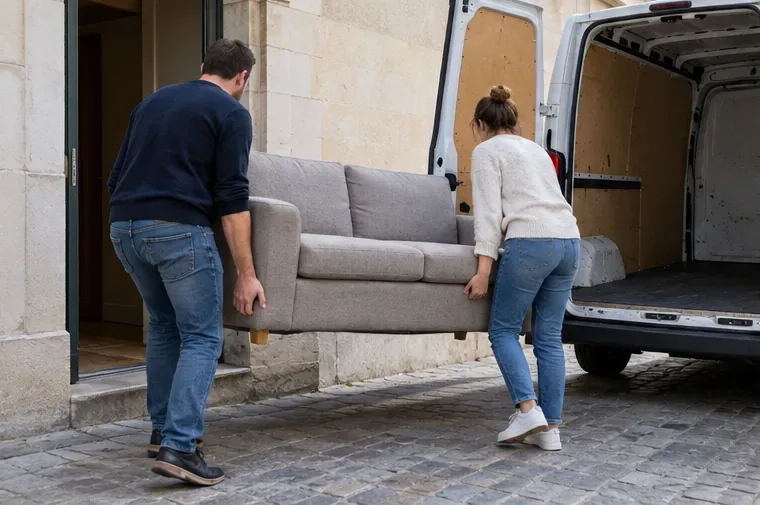 Deux adultes portent ensemble un canapé par une porte vers un petit utilitaire stationné à proximité.
