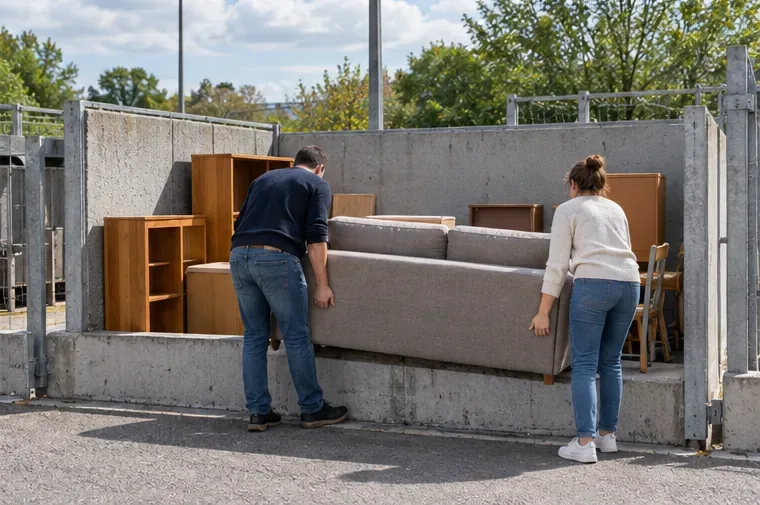 Un canapé est déposé dans une zone de réception de mobilier à côté d’autres meubles, sur un site extérieur clôturé.