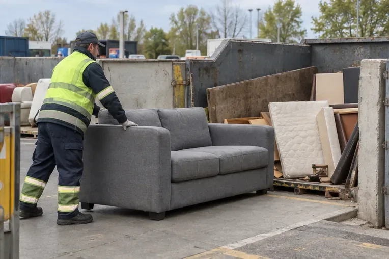 Un agent manipule un canapé gris dans une aire de dépôt de meubles d’un centre de recyclage.