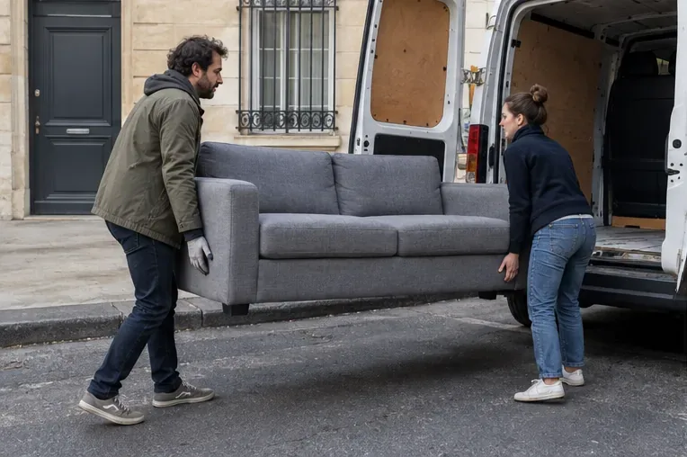 Deux adultes portent un canapé gris vers l’arrière d’une camionnette dans une rue résidentielle.