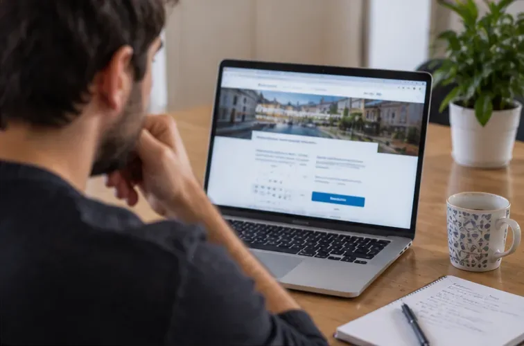 Une personne assise devant un ordinateur portable consulte des informations en ligne avec un carnet posé à côté