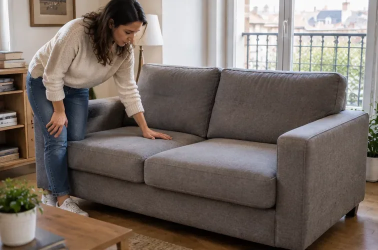 Une personne examine l'assise et les coussins d'un canapé gris encore installé dans son salon