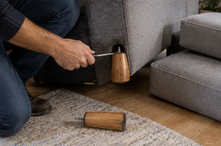 Gros plan sur une personne qui dévisse un pied en bois amovible sous un canapé gris