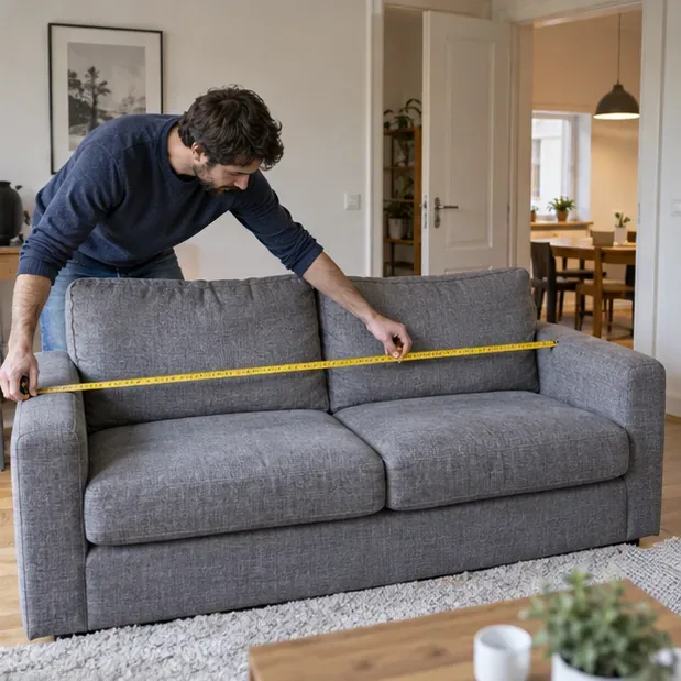 Un homme mesure la largeur d’un canapé gris avec un mètre ruban jaune dans un salon.
