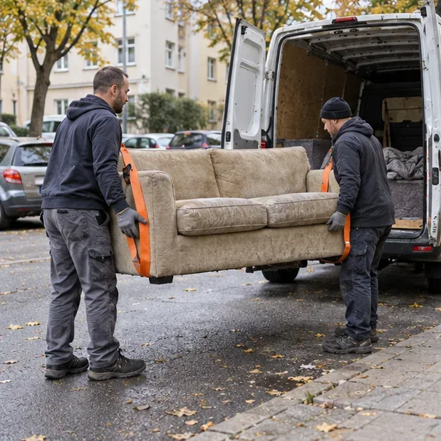 Deux personnes portent un canapé beige avec des sangles vers l’arrière ouvert d’un utilitaire dans une rue résidentielle.