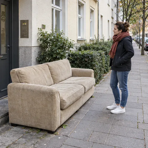 Un canapé beige est posé près de l’entrée d’un immeuble ; une personne se tient à côté et le passage piéton reste visible.