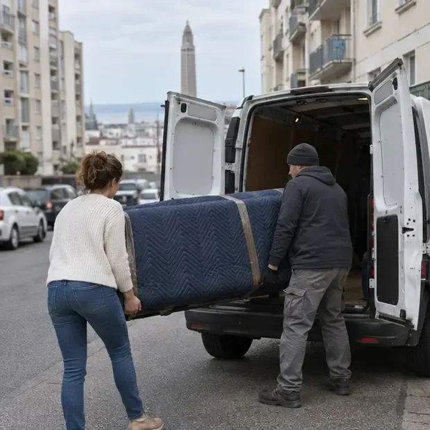 Deux personnes chargent un canapé protégé dans un utilitaire stationné dans une rue du Havre