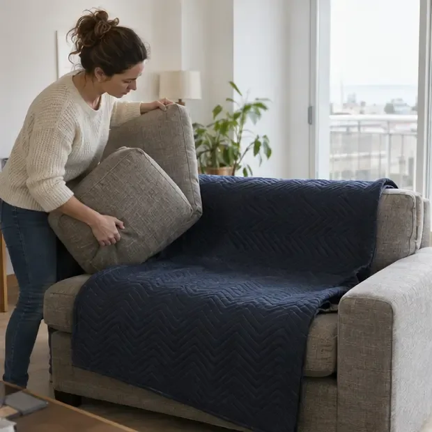 Une habitante retire les coussins et protège un canapé avec une couverture de déménagement