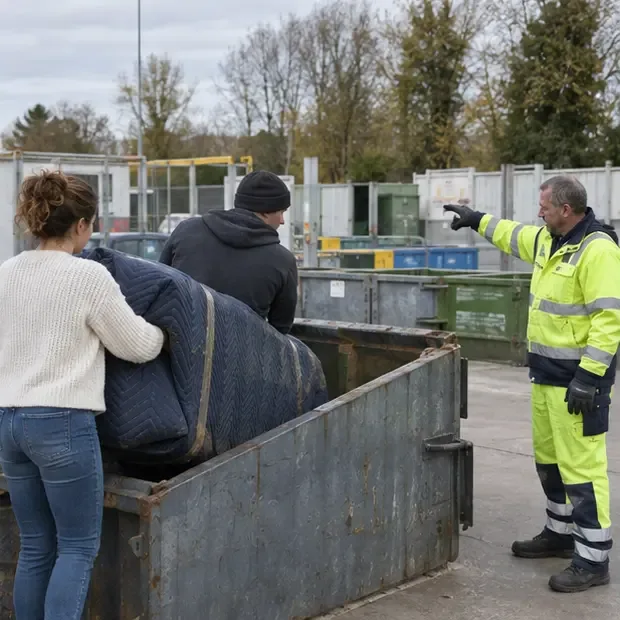 Un agent en tenue de sécurité indique la zone de dépôt du mobilier dans un centre de recyclage