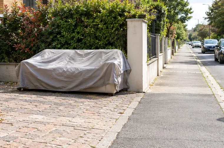 Un canapé bâché est posé en bordure d’une voie résidentielle, avec le trottoir dégagé.