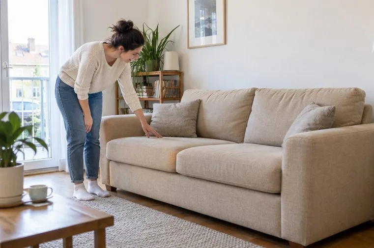 Une femme examine un canapé beige intact dans un appartement lumineux.