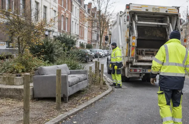 Agents municipaux se préparant à charger un canapé placé dans une zone dégagée au bord d’une rue de Lille