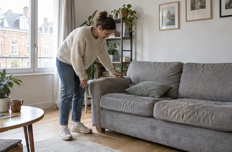 Personne examinant un canapé gris encore intact dans un appartement lumineux