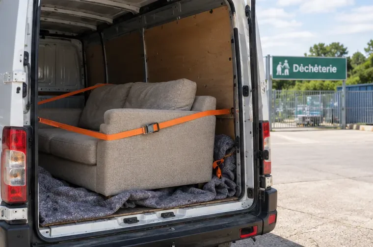 Un canapé est maintenu par des sangles orange à l’intérieur d’un utilitaire stationné près d’une déchèterie.