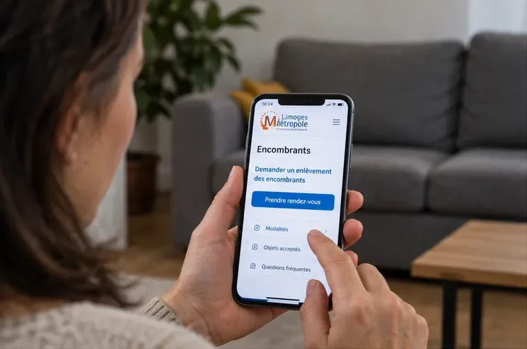 Une personne consulte sur son téléphone une page de prise de rendez-vous pour l’enlèvement des encombrants à Limoges.